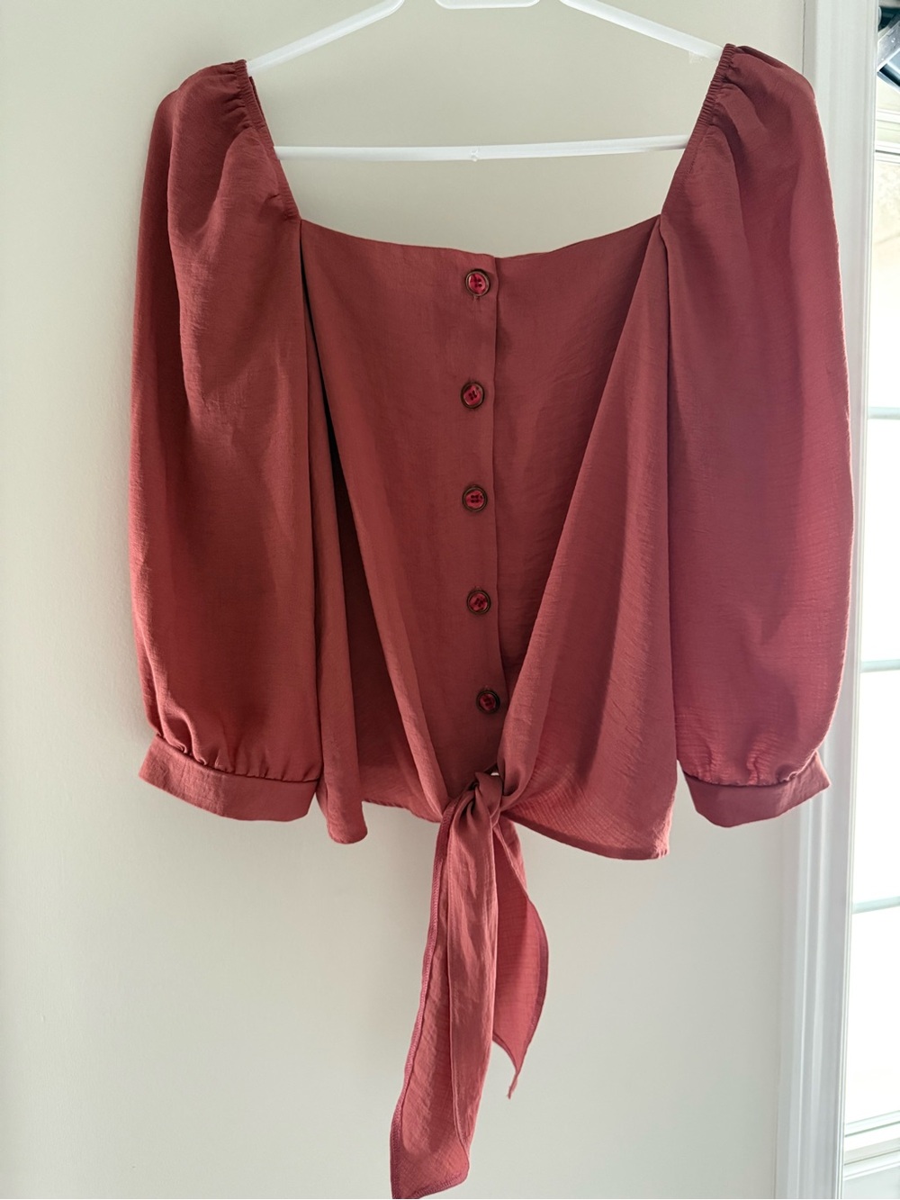 Women's Tie-Front Puff Sleeve Top - Rust